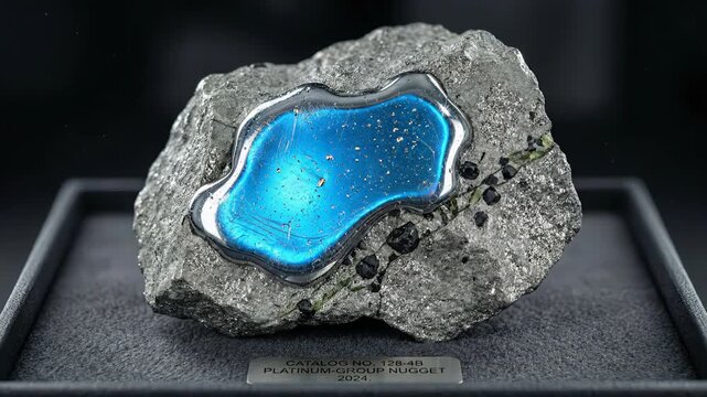 Rare platinum group nugget on display in museum case showing precious metal embedded in rock while internal light effect changes from gray to intense blue revealing its value minerals meteorite metals
