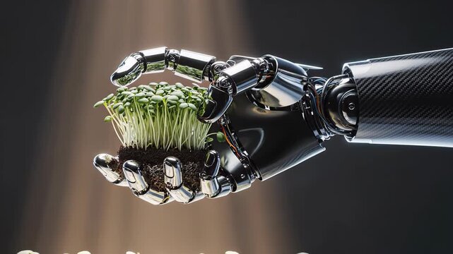 Conceptual video of a shiny robotic hand gently holding a clod of soil with fresh green sprouts growing, symbolizing the harmony between technology and nature in a futuristic agriculture