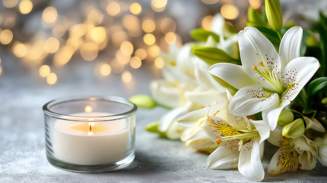 White lilies and lit candle on textured surface, festive bokeh background, memorial tribute, peaceful atmosphere, spiritual moment, defocused lighting, with copy space