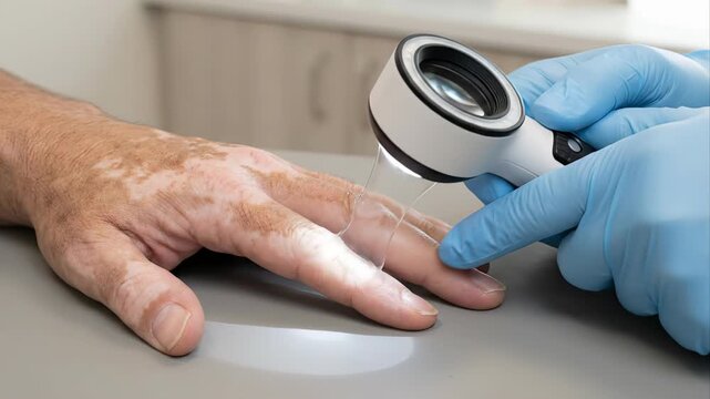 Medical professional wearing blue gloves performing a dermatoscopy on a patient's hand affected by vitiligo, a chronic autoimmune disorder causing skin depigmentation and white patches