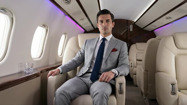 Confident young businessman in an elegant suit sitting comfortably in a first class seat of a private jet, enjoying a luxurious flight and looking at the camera with a self assured smile