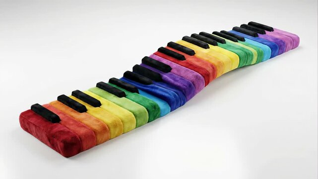 Colorful rainbow piano keyboard with soft, fluffy keys moving in a slow, undulating wave on a clean, isolated white background, creating a mesmerizing and tactile visual experience
