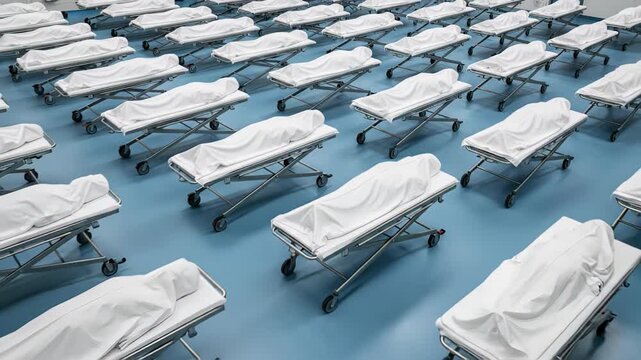 High angle view showing endless rows of deceased victims covered with white sheets on hospital gurneys, suggesting a pandemic, war, or mass casualty event in a temporary morgue facility