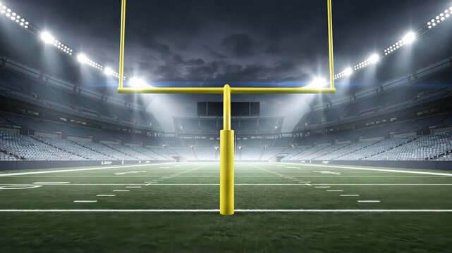 Empty american football stadium with a yellow goal post under bright floodlights at night. Ready for a championship game with dramatic cloudy skies creating an epic and professional sports atmosphere