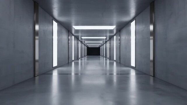Flying through a dark minimalist concrete corridor with bright vertical neon light panels and glowing ceiling squares in a seamless looping futuristic technology abstract background motion graphic cli