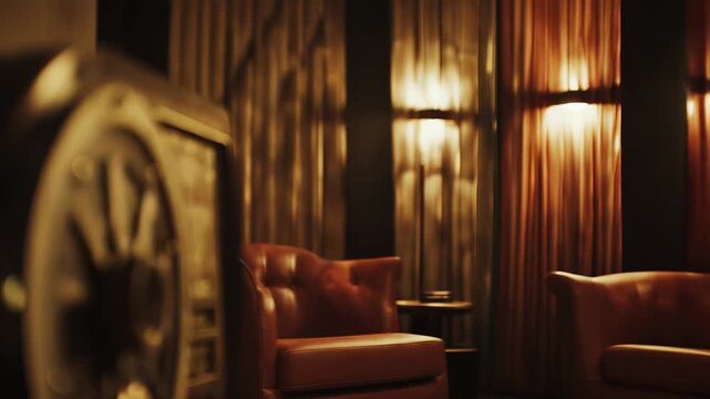Vintage jukebox glowing warm in a dim, elegant lounge bar, casting cozy bokeh and retro vibes for relaxed listening, nightlife atmosphere and nostalgic style