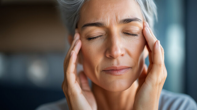 Woman experiencing brain fog and mental cloudiness during menopause, faceless health visualization, cognitive symptoms, hormonal changes, wellness concern, defocused background, wi