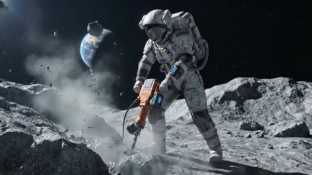 Lone astronaut in a futuristic spacesuit using a heavy jackhammer to drill into the rocky surface of the moon or an asteroid, with planet earth visible in the vast, dark expanse of space
