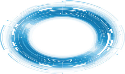Futuristic circular interface HUD with glowing blue digital data and geometric patterns on a white background representing technology and innovation © Architecture Worlds