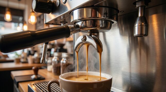 Cafetera industrial profesional preparando un espresso cremoso, crema densa color avellana fluyendo desde el portafiltro, vapor suave, acero inoxidable brillante, cafeter&iacute;a moderna, iluminaci&oacute;n c&aacute;lida