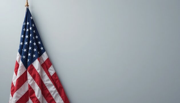 American flag hanging against a plain grey background