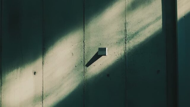 Concrete wall texture showcasing diagonal light rays and deep shadows, creating a striking abstract pattern with a small square object casting a sharp distinct shadow