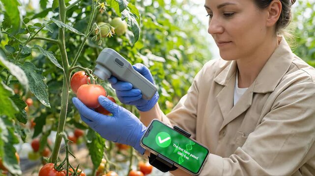 Female agronomist in a greenhouse using a portable spectrometer and smartphone to test tomatoes for genetic modification, with the test showing a gmo free result on the screen