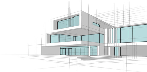 Modern architectural blueprint of a multi-story residential building with clean lines and large glass windows showcasing a contemporary aesthetic