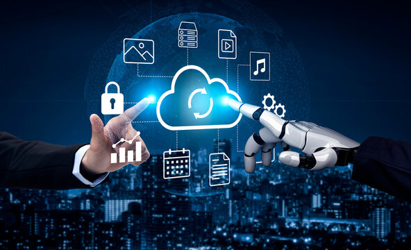A human hand and a robotic hand reach toward each other, illustrating collaboration in a digital environment filled with cloud computing icons and technology elements. Gantry
