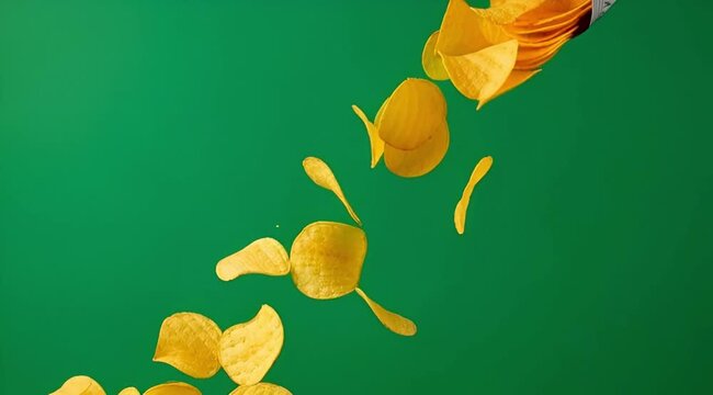 Potato Chips Pouring Out of Bag in Slow Motion, Stock Media