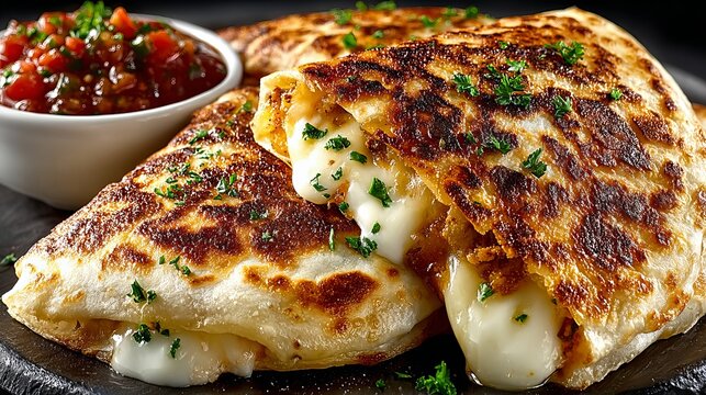 A delicious calzone with melted cheese and salsa on a dark plate