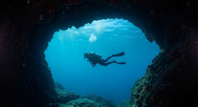 A scuba diver swims through an underwater cave opening into bright blue ocean waters, surrounded by rocky formations and rising bubbles.
