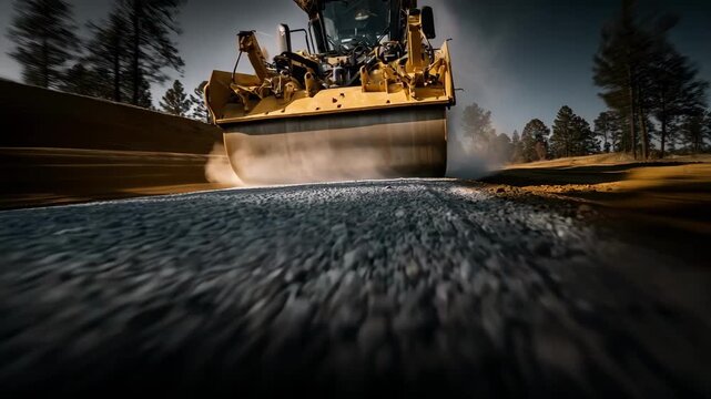 Medium frame showing grading machine reshaping track lanes surface machines front rollers focused with blurred surrounding freshly graded paths.