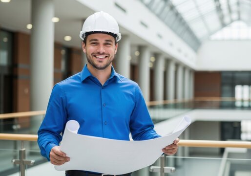 Smiling young man in blue shirt and white hard hat holding blueprints in office building