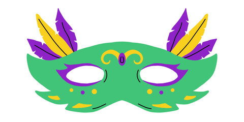 Obraz premium Vector green mardi gras mask with purple and yellow feather and decorative dot detail. Festive carnival masquerade costume accessory for party, parade, holiday invitation, poster design.