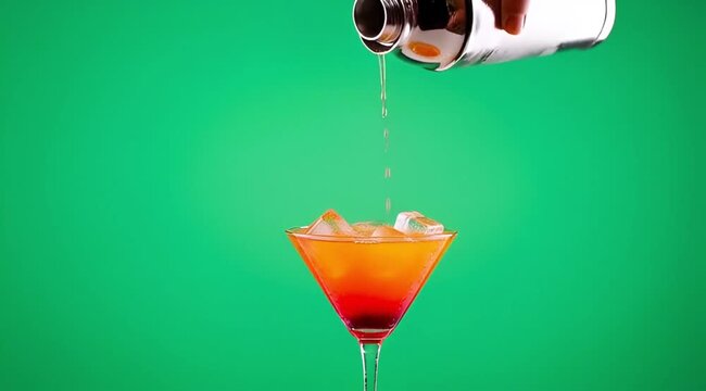 Pouring Orange Cocktail with Ice and Lime into Martini Glass, Splash, Green Background, Stock Media