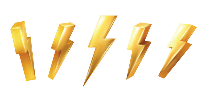 3d golden lightning. Gold thunderbolt figure, thunder bold realistic icon battery energy charge abstract shape electric power voltage flash sign, isolated exact vector illustration