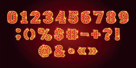 Retro bulb numbers. Light bulbs number circus marquee broadway style glow lamp typography bright vintage casino cabaret cinema theater design figure digit kicky vector illustration