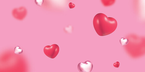 3d falling hearts. Flying red pink chrome heart background, love valentine mothers womens day concept banner romantic decoration social media like design poster vector illustration