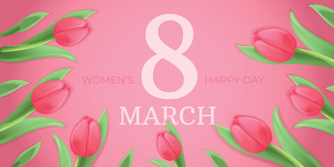 Obraz premium March 8 tulips banner. 3d cartoon pink tulip with stem leaves, fresh spring flowers bouquet 8th international happy womens day poster floral greeting background vector illustration