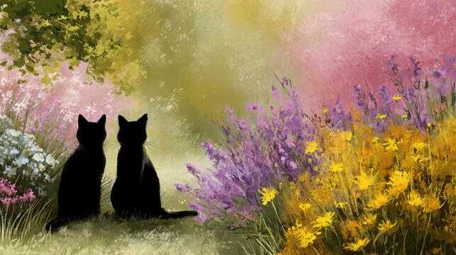Two Black Cats Sitting in a Colorful Meadow