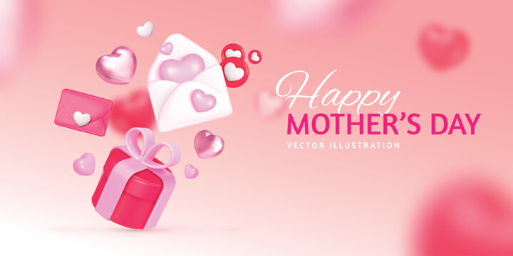 Mothers day banner. 3d hearts gift box with envelope love mom concept pastel background pink heart giftbox ribbon spring parents event celebration poster design vector illustration