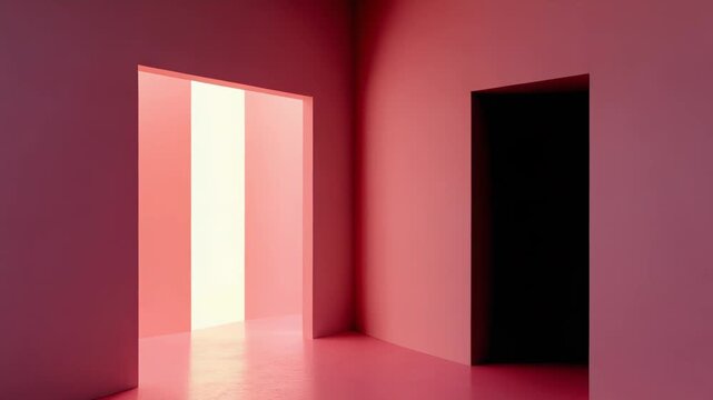 Abstract interior space presenting a vibrant pink color palette, featuring clean lines, empty walls, and a bright light source visible through an open doorway, creating a surreal and modern ambiance