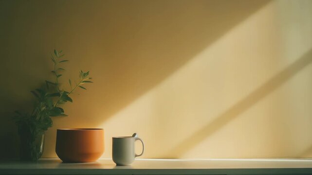 Minimal plant, terracotta bowl, and mug sitting on a modern shelf, bathed in warm diagonal sunlight and casting soft shadows against a plain wall, creating a simple, cozy domestic atmosphere