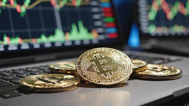 Bitcoin coins on laptop keyboard with stock market graphs and financial data on screens