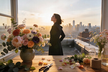 Naklejka premium A woman in black coat stands on rooftop balcony at sunset, surrounded by flower bouquets and petals on wooden table, overlooking city skyline with warm golden light and calm mood.