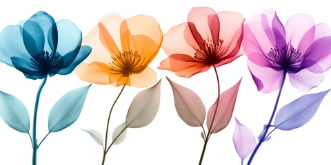 Colorful transparent flowers with glowing petals and leaves