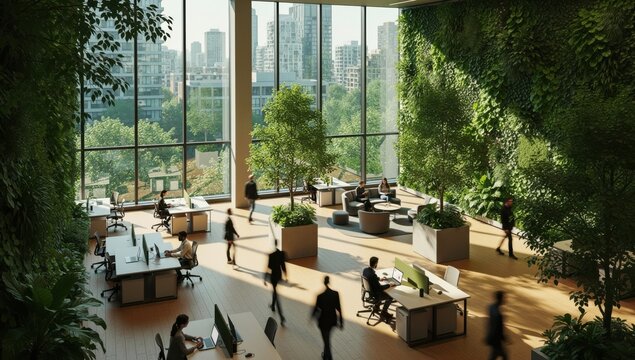 Modern office space with abundant natural light and lush vertical gardens