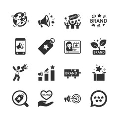 Branding and brand promotion, monochrome icons set. Creation, marketing, advertising campaign, audience engagement, identity development, loyalty, digital promotion. Black and white symbols style