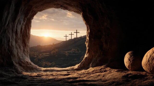 Empty tomb with three crosses on a hill at sunrise, symbolizing resurrection and hope