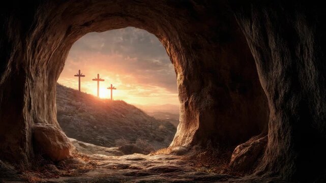 Empty tomb with three crosses on a hill at sunrise, symbolizing resurrection and hope