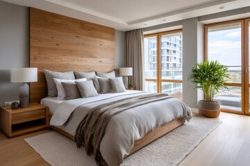 Fototapeta premium Modern minimalist bedroom with wooden headboard and natural light