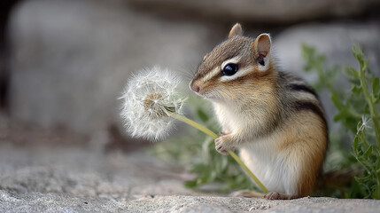 Small rodent examining dandelion puff in natural setting