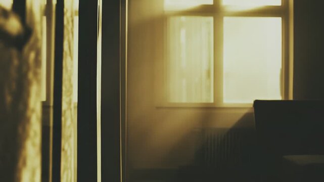 Dusty sunrays filtering through a window illuminate an abandoned, decaying room, creating an atmospheric scene of forgotten places with a sense of desolation and mystery