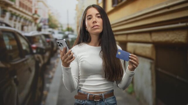 Woman holding smartphone and creditcard on urban street with parked cars and building facade; frustration payment issue.