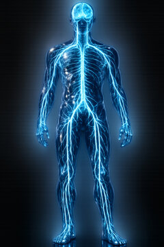 Detailed anatomy rendering featuring a stylized, glowing figure displaying a luminous network simulating human nerves, arteries, and veins.