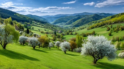 Obraz premium Spring blooming trees on green mountain valley landscape