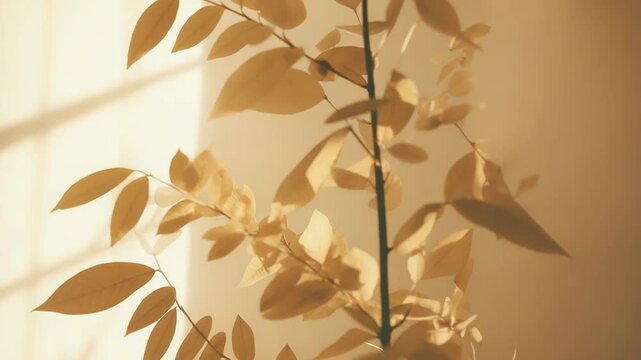 Golden leaves from a plant branch are illuminated by natural sunlight, creating abstract shadow patterns on a warm, neutral colored wall, conveying feelings of peace and natural beauty