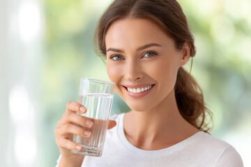 Woman smiling holding glass of water for hydration