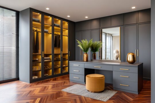Modern walk in closet with stylish dressing table